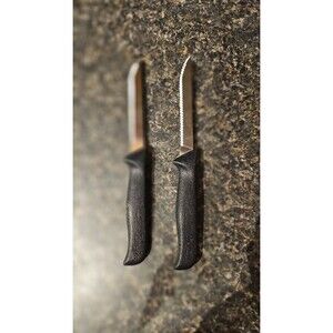 2 Vintage Ginsu Steak Knives Serrated 4" Blade Stainless Black Plastic Handle
